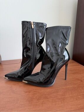 Patent Pointed-Toe Stiletto Ankle Boots in Black